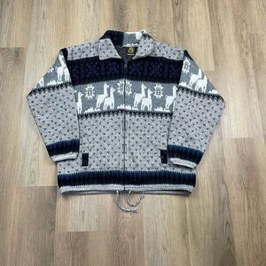 Vintage Tejidos Rumiñahui Sweater Mens Large Gray Wool Aztec Full Zip Knit